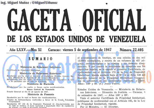 Gaceta Oficial 22405 del 5 Septiembre 1947