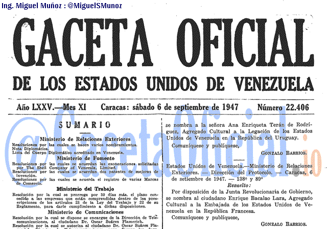 Gaceta Oficial 22406 del 6 Septiembre 1947