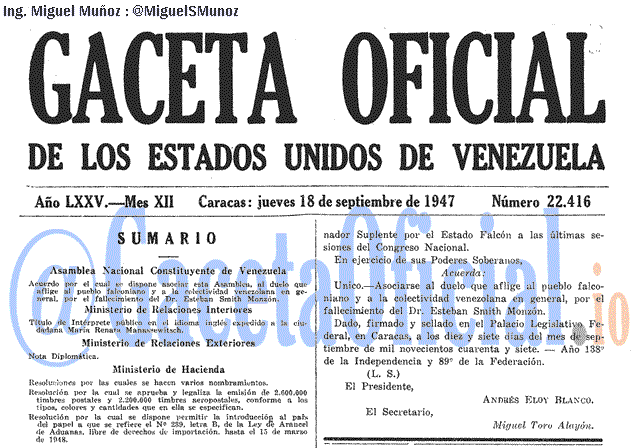 Gaceta Oficial 22416 del 18 Septiembre 1947