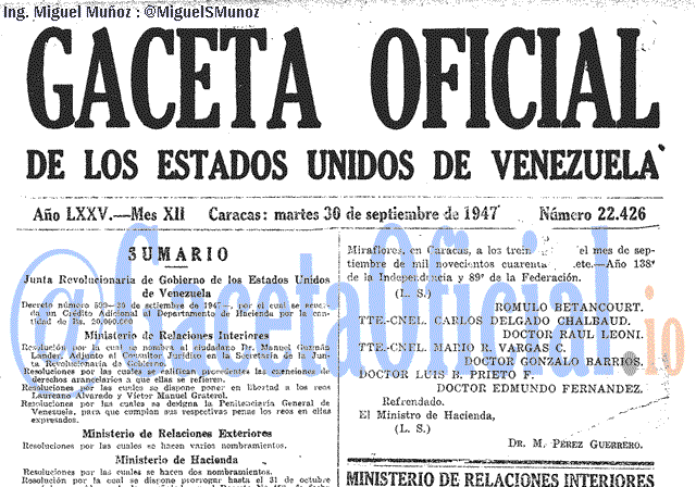 Gaceta Oficial 22426 del 30 Septiembre 1947