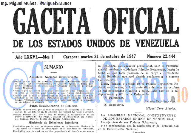 Gaceta Oficial 22444 del 21 Octubre 1947