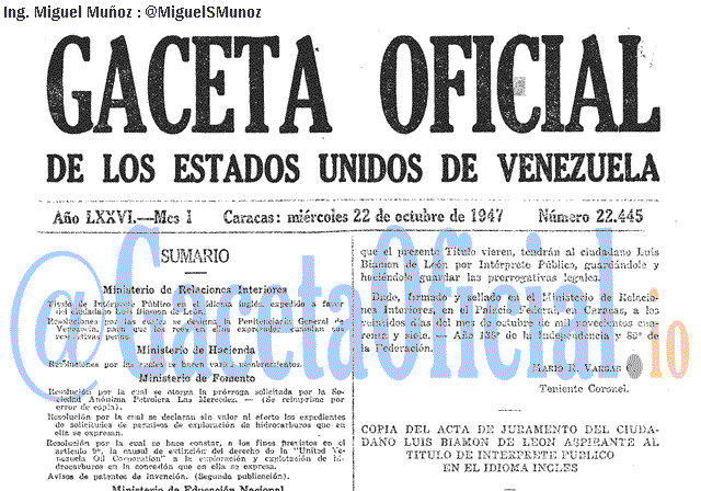 Gaceta Oficial 22445 del 22 Octubre 1947