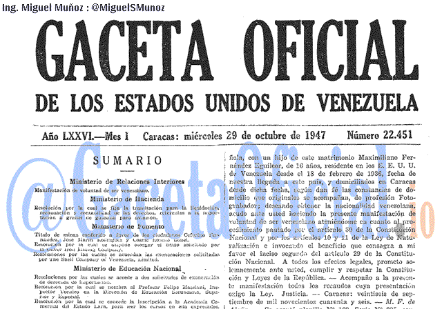 Gaceta Oficial 22451 del 29 Octubre 1947