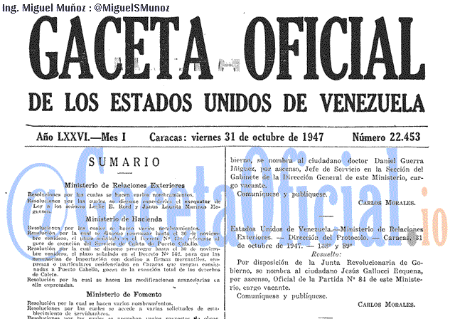 Gaceta Oficial 22453 del 31 Octubre 1947