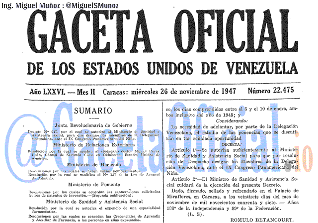 Gaceta Oficial 22475 del 26 Noviembre 1947
