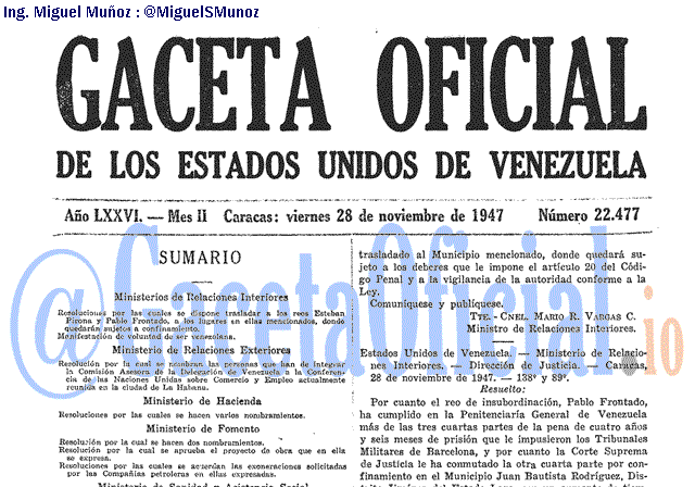 Gaceta Oficial 22477 del 28 Noviembre 1947