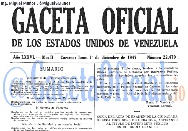 Gaceta Oficial 22479 del 1 Diciembre 1947