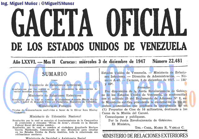 Gaceta Oficial 22481 del 3 Diciembre 1947