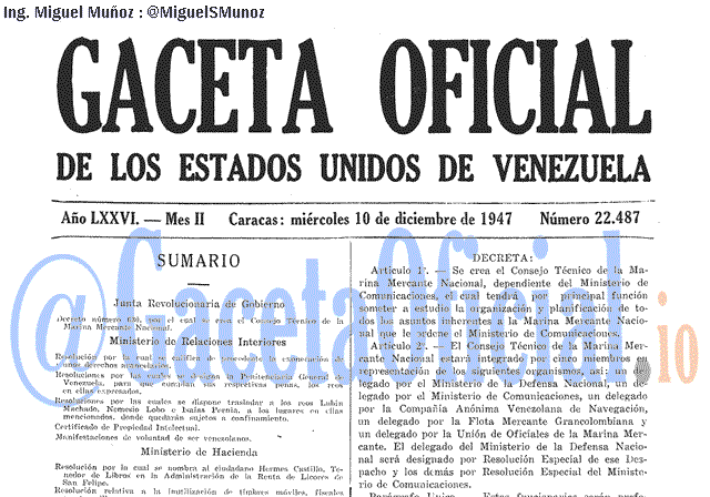Gaceta Oficial 22487 del 10 Diciembre 1947