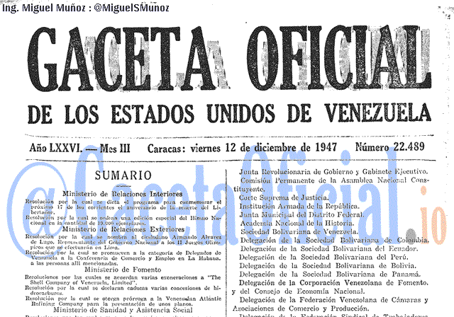 Gaceta Oficial 22489 del 12 Diciembre 1947