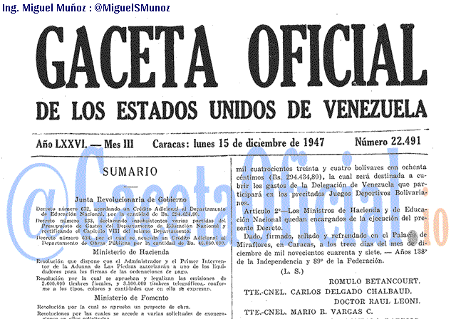 Gaceta Oficial 22491 del 15 Diciembre 1947