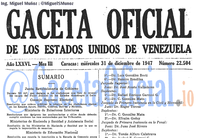 Gaceta Oficial 22504 del 31 Diciembre 1947