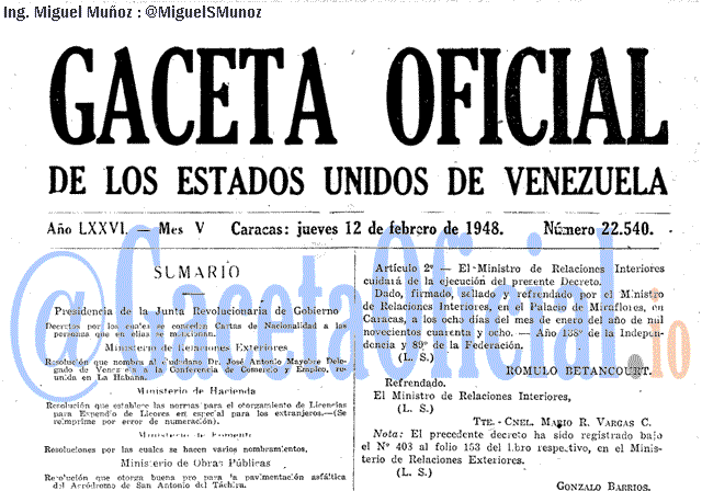 Gaceta Oficial 22540 del 12 Febrero 1948