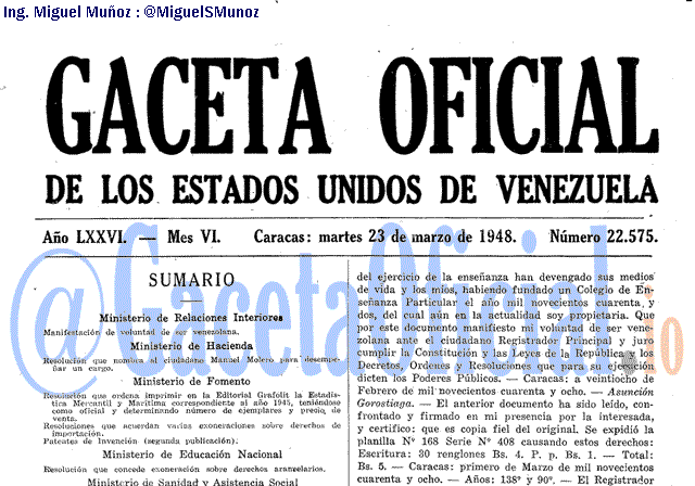 Gaceta Oficial 22575 del 23 Marzo 1948