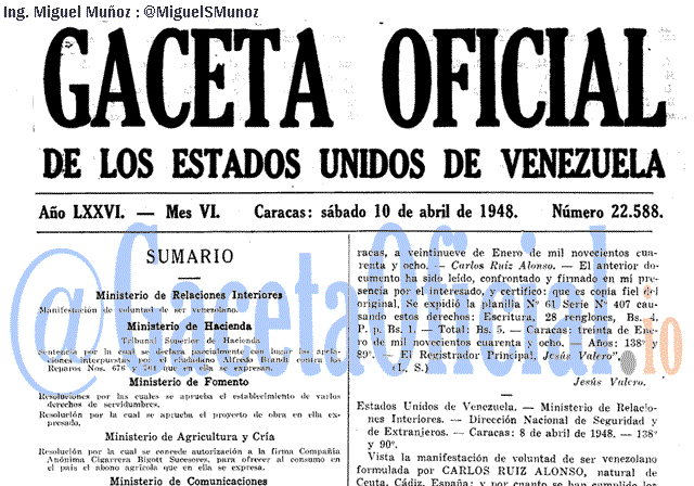 Gaceta Oficial 22588 del 10 Abril 1948