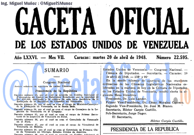 Gaceta Oficial 22595 del 20 Abril 1948