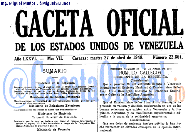Gaceta Oficial 22601 del 27 Abril 1948