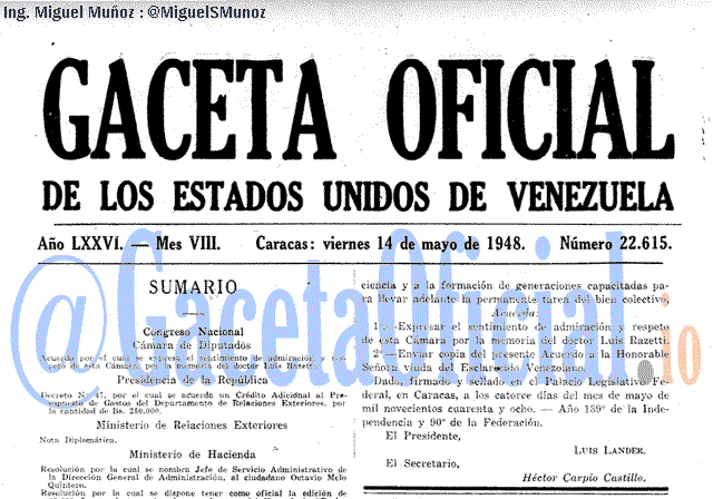 Gaceta Oficial 22615 del 14 Mayo 1948