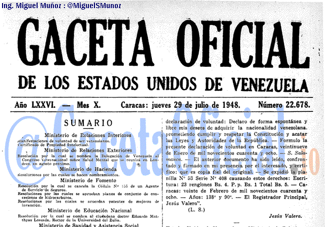 Gaceta Oficial 22678 del 29 Julio 1948