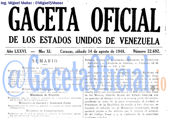 Gaceta Oficial 22692 del 14 Agosto 1948