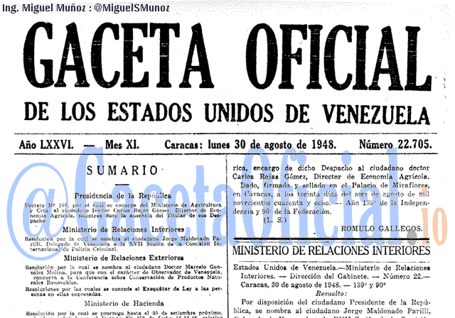 Gaceta Oficial 22705 del 30 Agosto 1948