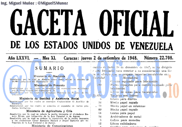 Gaceta Oficial 22708 del 2 Septiembre 1948