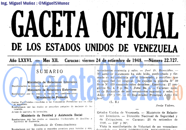 Gaceta Oficial 22727 del 24 Septiembre 1948