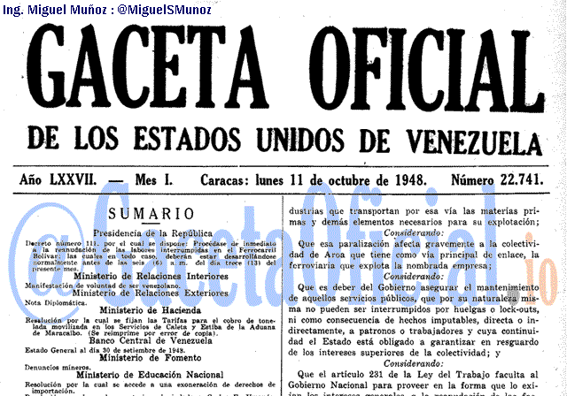 Gaceta Oficial 22741 del 11 Octubre 1948