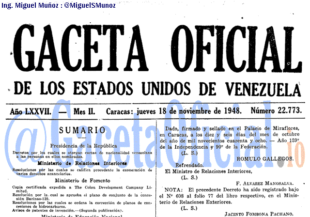 Gaceta Oficial 22773 del 18 Noviembre 1948