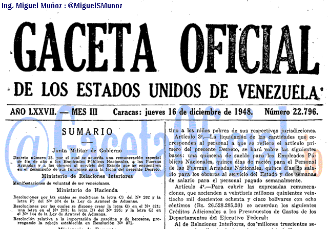 Gaceta Oficial 22796 del 16 Diciembre 1948