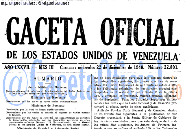 Gaceta Oficial 22801 del 22 Diciembre 1948