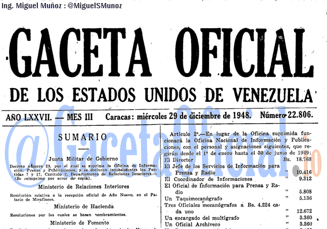 Gaceta Oficial 22806 del 29 Diciembre 1948