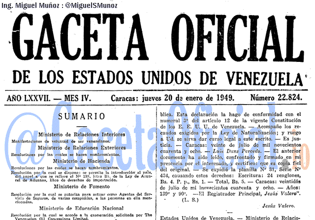 Gaceta Oficial 22824 del 20 Enero 1949