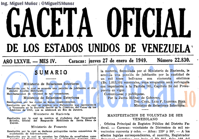 Gaceta Oficial 22830 del 27 Enero 1949