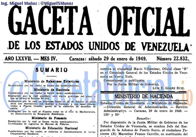 Gaceta Oficial 22832 del 29 Enero 1949
