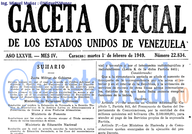 Gaceta Oficial 22834 del 1 Febrero 1949
