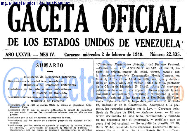 Gaceta Oficial 22835 del 2 Febrero 1949