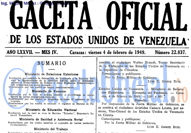 Gaceta Oficial 22837 del 4 Febrero 1949