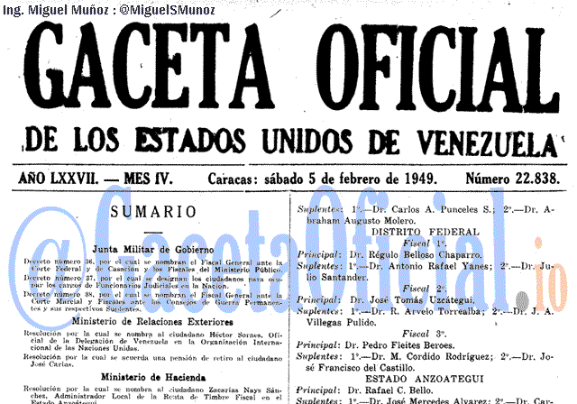Gaceta Oficial 22838 del 5 Febrero 1949
