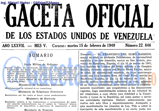 Gaceta Oficial 22846 del 15 Febrero 1949