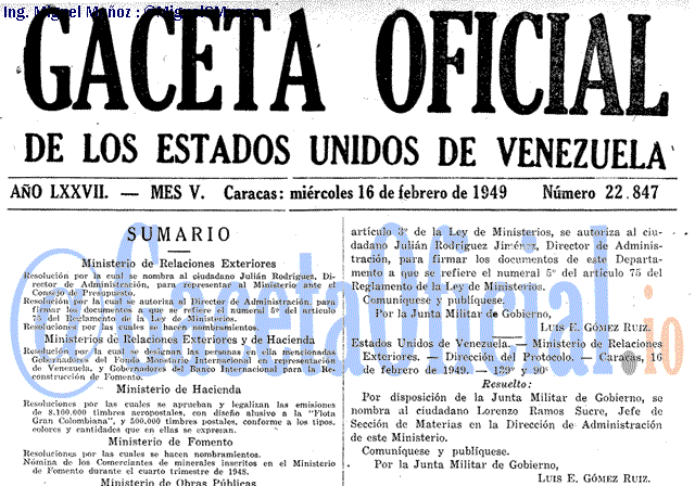 Gaceta Oficial 22847 del 16 Febrero 1949