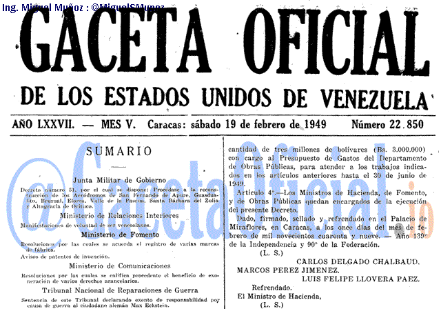 Gaceta Oficial 22850 del 19 Febrero 1949