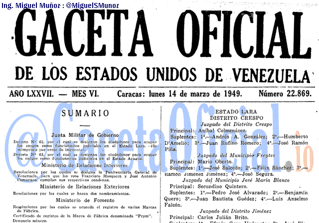 Gaceta Oficial 22869 del 14 Marzo 1949