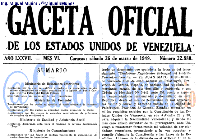 Gaceta Oficial 22880 del 26 Marzo 1949