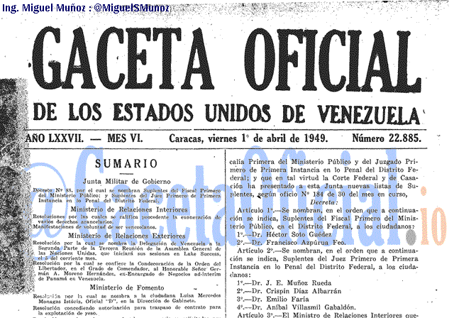 Gaceta Oficial 22885 del 1 Abril 1949