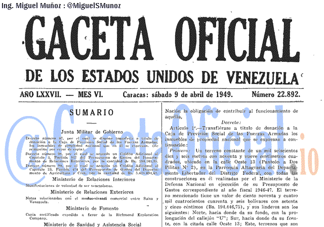 Gaceta Oficial 22892 del 9 Abril 1949