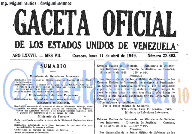 Gaceta Oficial 22893 del 11 Abril 1949