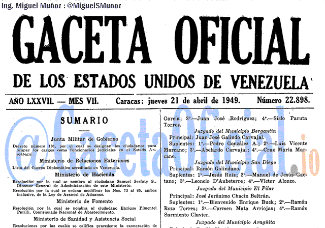 Gaceta Oficial 22898 del 21 Abril 1949