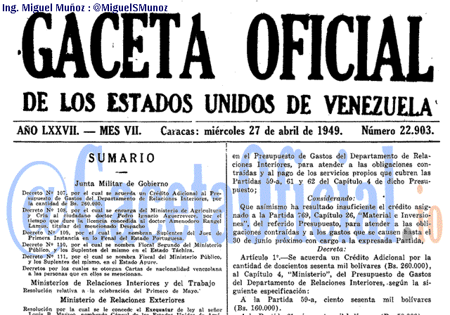 Gaceta Oficial 22903 del 27 Abril 1949