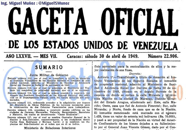 Gaceta Oficial 22906 del 30 Abril 1949